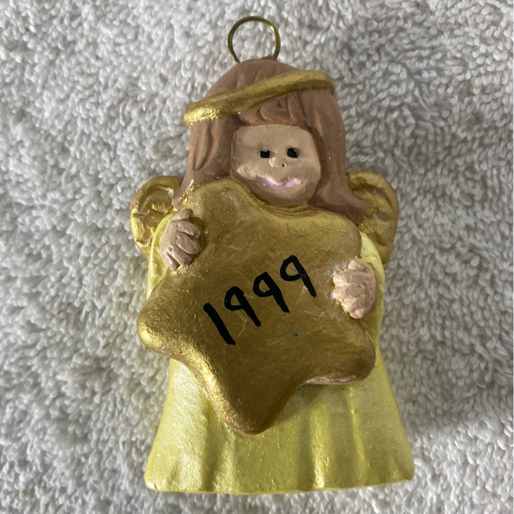 5/$35 Vintage 99 Hand Painted Yellow Angel Gold Star Ceramic Christmas Ornament
